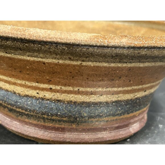 Vintage 1970s Hand Thrown Stoneware Stripe Earth-tone Planter Pot Bowl 9" x 3.5" - Picture 9 of 9